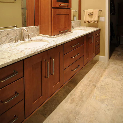 Six Pack 5 Inch Antique Brass Cabinet Handles With Linear Coin Edge Texture on bathroom vanity cabinets