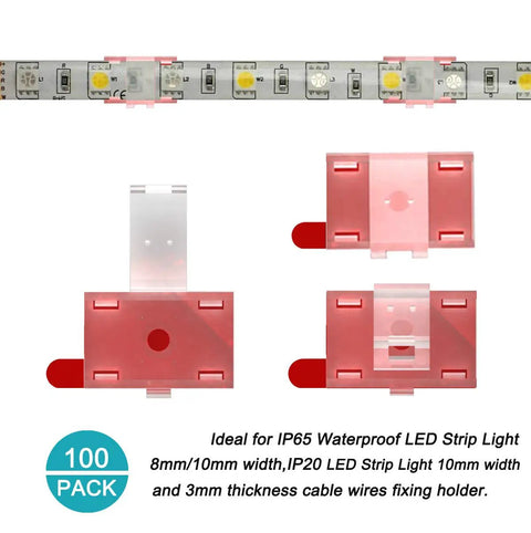 LED Strip Light Mounting Brackets And Clips 100 Pack Clear Self Adhesive And Screw Fixing Cable Organizer Clips shown with LED strip
