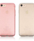 Two glittery iPhone cases in pink and gold, showing rear view design and transparent finish, compatible with older iPhone models.