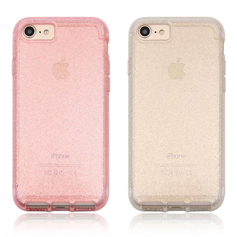Two glittery iPhone cases in pink and gold, showing rear view design and transparent finish, compatible with older iPhone models.