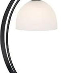 Orbit 1-Light Table Lamp In Black Finish With White Glass Shade, 28-Inch Tall, sleek modern desk lamp design with curved frame.