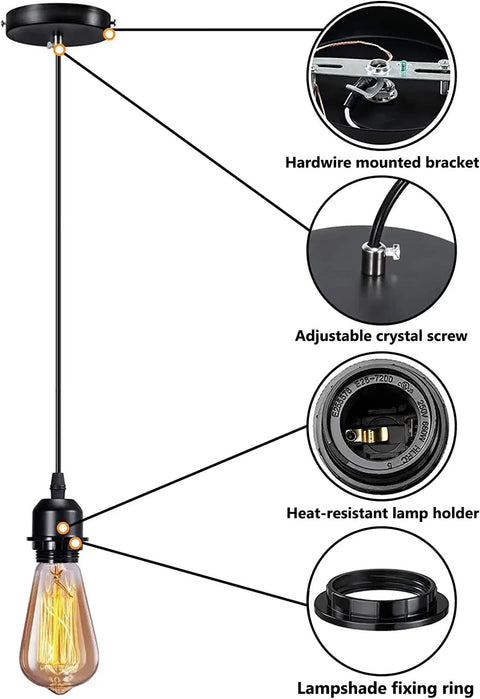 Diagram of Industrial Mini Pendant Light Kit with E26 E27 Base Edison Vintage Style, showing components and assembly.