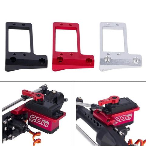 Beefed Up Aluminum Front Axle Servo Mount For 1/10 RC Crawler Cars, Low Center Of Gravity Behind The Axle, CNC Machined Silver Anodized Upgrade For Capra F9 DIY LCG Chassis in multiple colors and installed on vehicle.