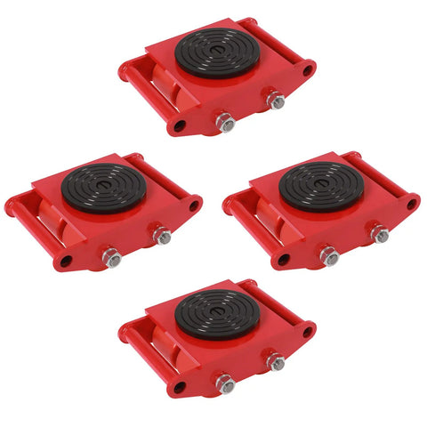 Set of four heavy duty machinery skates with 360 degree rotation, 6 ton capacity, 2 steering handles, 4 rollers for industrial moving