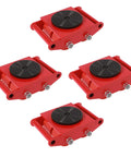 Dead Nuts Heavy Duty Machinery Skates Featuring 360 Degree Swivel Wheels For Seamless Heavy Equipment Transport And No Sweat Warehouse Moving Along With Built In Storage Handle, set of four in red.