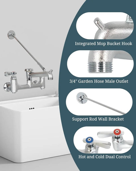 Commercial Mop Sink Faucet With Vacuum Breaker, Wall Mount Utility Sink Faucet, 8 Inch Adjustable Center, pail hook, built tough brass