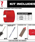 Heavy Duty 7 Pc Carbide Teeth Hole Saw Kit With Arbor And File For Cutting Wood Nails Shingles Cement Board And Plaster Fast Aggressive Cuts 3 Tooth Design That Lasts 50x Longer Than Standard Models. 7 pc kit includes 2-1/8, 2-9/16, 3-5/8 in saws, arbor, file, case