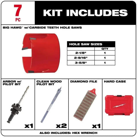 Heavy Duty 7 Pc Carbide Teeth Hole Saw Kit With Arbor And File For Cutting Wood Nails Shingles Cement Board And Plaster Fast Aggressive Cuts 3 Tooth Design That Lasts 50x Longer Than Standard Models. 7 pc kit includes 2-1/8, 2-9/16, 3-5/8 in saws, arbor, file, case