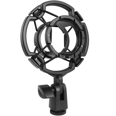 Universal Black Microphone Shock Mount for 42-46mm Microphones, Pro-Grade Anti-Vibration Studio Clip Holder, 1.65-1.81 Inch Diameter Condenser Mic Support, Durable ABS Mount With Elastic Inner Ring, front view.