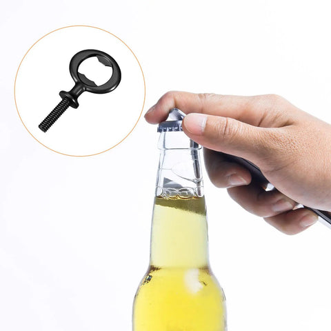 Hand using Heavy Duty Zinc Alloy Screw In Bottle Opener on a glass bottle, showcasing the matte black threaded design.