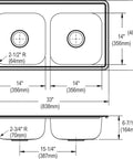 Dayton Equal Double Bowl Drop-In Stainless Steel Sink 33 By 19 By 6-7/16 Inches diagram with detailed measurements.