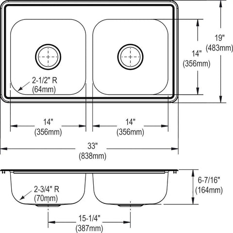 Dayton Equal Double Bowl Drop-In Stainless Steel Sink 33 By 19 By 6-7/16 Inches diagram with detailed measurements.