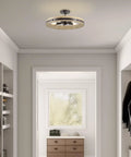 Open Farmhouse Ring Ceiling Light With Distressed Driftwood Wood Finish And Oil Rubbed Bronze Accents in a modern hallway.