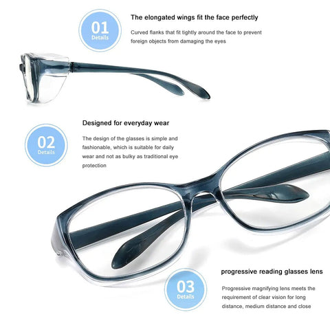 Progressive Multifocal Safety Glasses With Readers 1.0 1.5 2.0 Anti Fog Blue Light Blocking Reading Glasses, close-up of design and features