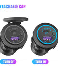 Heavy Duty 12V USB C Outlet Pushes Out Slick 65W PD3.0 And 18W Quick Charge 3.0 Waterproof Car Socket with toggle cap.