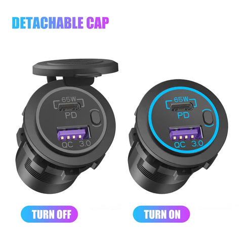 Heavy Duty 12V USB C Outlet Pushes Out Slick 65W PD3.0 And 18W Quick Charge 3.0 Waterproof Car Socket with toggle cap.