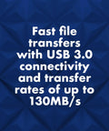 Text on blue background highlighting 'Fast file transfers with USB 3.0 connectivity and transfer rates of up to 130MB/s'. Rugged Mini 4TB 2.5 Inch Portable External Hard Drive For PC Mac iPad iPhone With Password Protection, Up To 130 MB Per Second, Shockproof, Water And Dust Resistant, All Terrain USB Storage Plus Data Rescue Service.