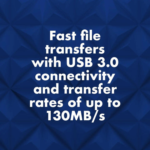 Text on blue background highlighting 'Fast file transfers with USB 3.0 connectivity and transfer rates of up to 130MB/s'. Rugged Mini 4TB 2.5 Inch Portable External Hard Drive For PC Mac iPad iPhone With Password Protection, Up To 130 MB Per Second, Shockproof, Water And Dust Resistant, All Terrain USB Storage Plus Data Rescue Service.