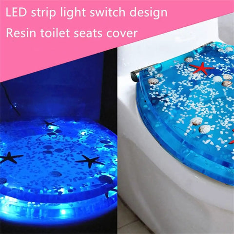 Top Shelf Soft Close Resin Toilet Seat With Built In Led Glow And Heavy Duty Stainless Steel Hinges Quick Release Mounting Kit For Zero Drama Install And Ultra Comfy Fit Everywhere, blue resin design with LED glow features.