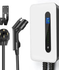 40 Amp Level 2 EV Charger With 20 Ft Cable, 9.6 KW Wall Mount Station NEMA 14-50 Plug, black charger with cable and wall mount.