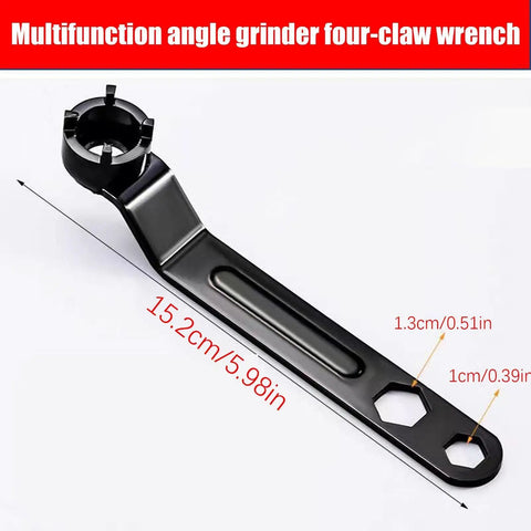 Heavy Duty Angle Grinder Wrench Tool Built Like A Tank With Thickened Four Claws designed for gripping locknuts, 15.2cm long.