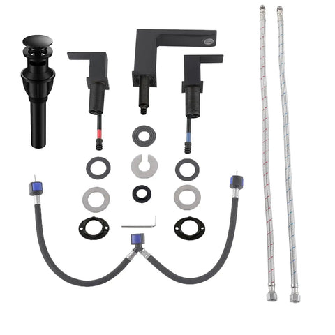 Black 8 Inch Widespread Bathroom Faucet With Two Handles Slick Matte Black Modern RV Lavatory Vanity Faucet 3 Hole Sink Faucet With Pop Up Drain And Water Supply Lines Included Durable Brass Construction displayed in components with hardware and supply lines laid out.