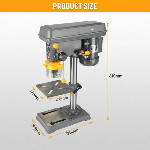 Variable Speed Benchtop Drill Press With Five Eighth Inch Chuck, 170mm Work Table And 50mm Spindle Travel, showing product dimensions.