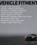 Vehicle fitment information for Chrysler, Mitsubishi, Dodge, and Jeep models with a car in foggy background.