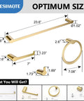 Diagram of 4 Piece Brushed Gold Stainless Steel Bathroom Hardware Set, Wall Mounted, Rust Proof SUS304 with dimensions.