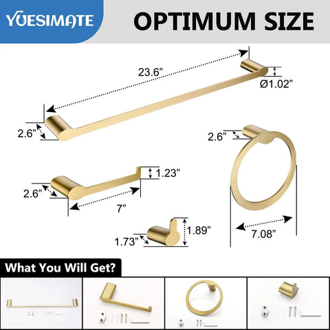 Diagram of 4 Piece Brushed Gold Stainless Steel Bathroom Hardware Set, Wall Mounted, Rust Proof SUS304 with dimensions.