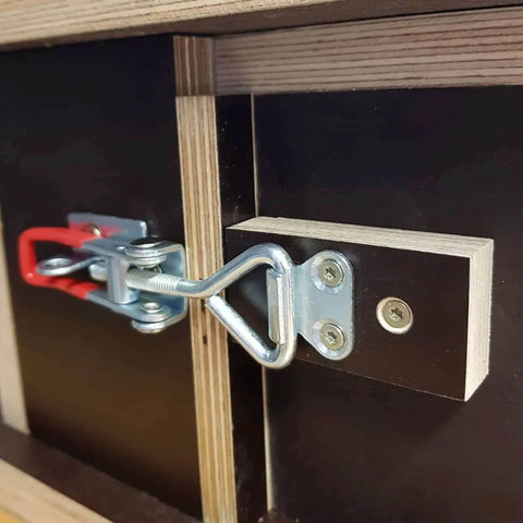 10 Pack Adjustable Toggle Clamps 4002 Pull Latch For Doors Boxes And Jigs, 551 Lb Capacity, installed on wooden cabinet
