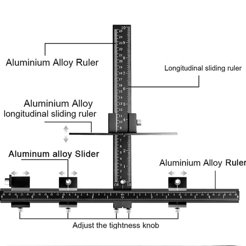 Heavy Duty All Aluminum Cabinet Hardware Jig With Three Precision Point Drill Bits For Straight Up Door Hinge Positioning And Top Tier Diy Woodworking Crafts showing rulers and adjustable slider components.