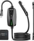 Level 1 2 Portable Ev Charger With Native Nacs Port Nema 5 15 Plug adjustable for Tesla Ford Rivian hybrids with display.
