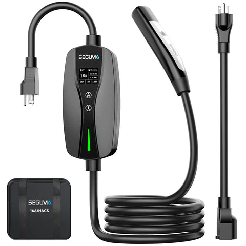 Level 1 2 Portable Ev Charger With Native Nacs Port Nema 5 15 Plug adjustable for Tesla Ford Rivian hybrids with display.
