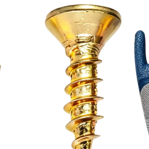 Heavy Duty Expansion Cabinet Hinge Screws 20 Piece Set With Gloves, Fix Stripped Holes In Wood Chipboard Or MDF, Deep Grip Fasteners To Stabilize Cabinet Doors And Handles For Long Lasting Hold gold expansion screw close-up