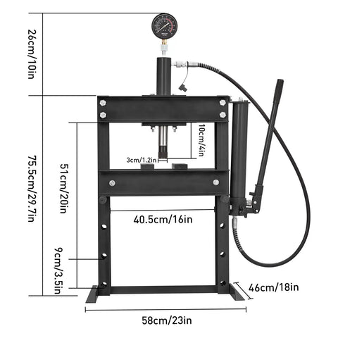 Black 10 Ton H Frame Hydraulic Shop Press With Dual Press Plates Adjustable Work Table Height Heavy Duty Garage Floor Press