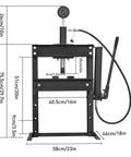 10-Ton Hydraulic Shop Press With Gauge And Press Plates, H-Frame Garage Hydraulic Press For Auto Repairs, Metalworking And Bearing Removal, Adjustable Pressure, Sturdy Black front view with measurement details.