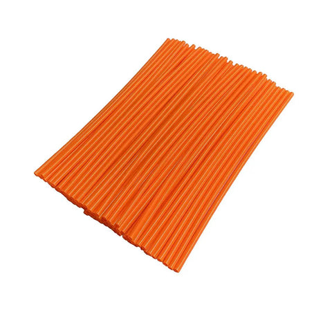 72 Pack Dirt Bike Spoke Covers For Dirt Bikes And Mountain Bikes, easy trim spoke protectors, orange wheel covers arranged in a row
