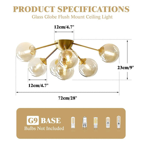 Seven Light Mid Century Modern Flush Mount Ceiling Light With Amber Glass Sputnik Globes Brass Gold Finish dimensions