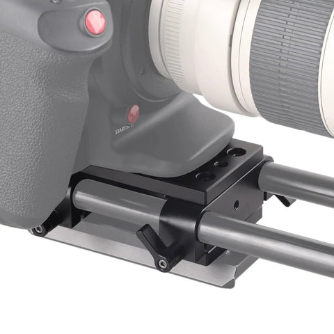 Camera Base Plate With 15mm Rod Clamp Rail Block for Tripod and Shoulder Rigs, Dual Aluminum Plates, 1/4-20 and 3/8-16 Screw Compatibility, Adds Solid Accessory Mount Holes for Cages, Monitors, Microphones, and More mounted under camera on 15mm rods