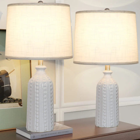 Set Of 2 White Ceramic Table Lamps 24.5 Inches Tall 3 Way Dimmable Bedside Lights With White Drum Shade Modern Nightstand Lamps For Bedroom