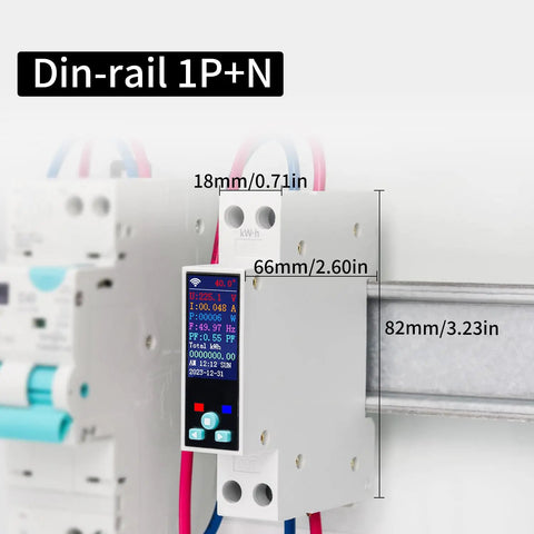 Smart WiFi Switch 1P+N AC90-240V 1-50A With Power Monitoring, Remote Control With Smart Life Tuya App, LCD Display, DIN Rail Mounted, Recloser Function, Power Data Export, FCC Certified, front view with 18mm width