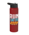 Red Swim And Run Insulated Stainless Steel Water Bottle For Aquathlon Training Keeps Drinks Cold Or Hot Durable Hydration Gear