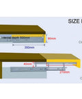 Detailed size diagram of Heavy Duty Telescoping Folding Hinge With Self Locking Bracket, showing open and closed dimensions.
