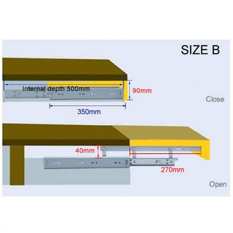 Detailed size diagram of Heavy Duty Telescoping Folding Hinge With Self Locking Bracket, showing open and closed dimensions.