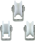 Three heavy duty sliding door roller kits with 304 stainless steel brackets and nylon castors, suitable for furniture and industrial carts.