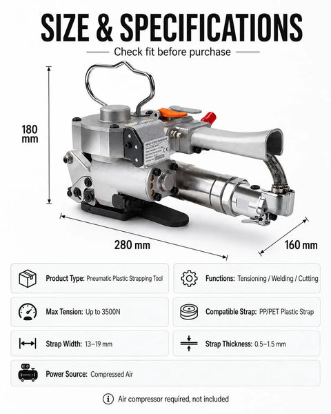 Handheld Pneumatic Baler Strapping Tool With 3500 N Automatic Tensioning Welding And Cutting Function For Buckle Free Packaging Of Heavy Duty PP PET Straps In Factory Warehouse Settings Effortlessly, displayed with size specifications.