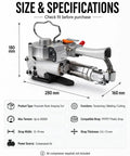 Heavy Duty Pneumatic Strapping Tool 3500 N Tension Automatic Banding Machine size specifications diagram.