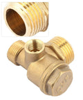 Three Port Air Compressor Check Valve With Male And Female Threads Brass Pneumatic Valve For Quick Connects Replaces Worn Valves In Tanks And Piston Pumps The Real Workhorse For Your Air System in a close-up of brass material showing threaded connectors