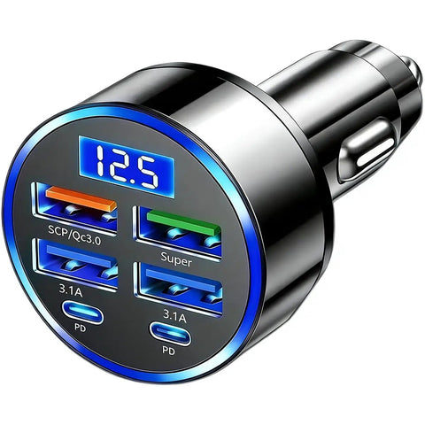 Six In One Car Charger With Voltmeter Display 120W Powerhouse Fast Charge QC3 0 PD Ports USB C Lighter Adapter For Cars